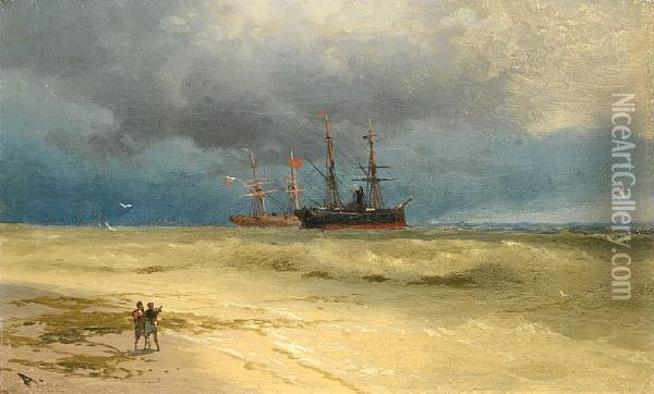 Two Ships Anchored Off A Beach Oil Painting - Ivan Konstantinovich Aivazovsky