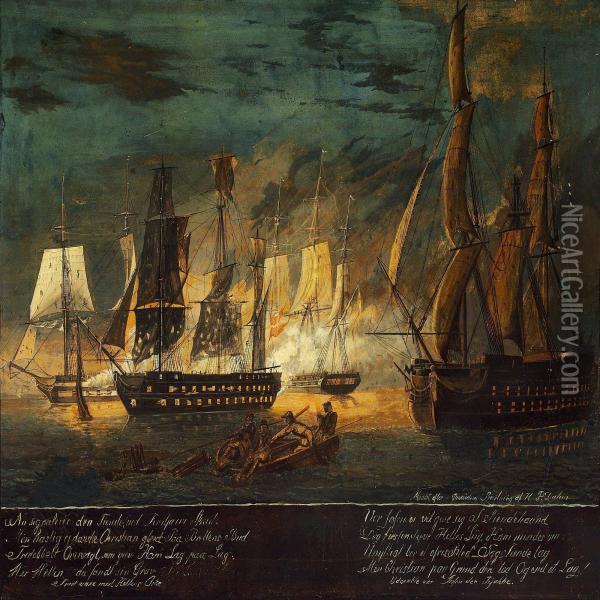 Two Battle Scenes From The War Between Denmark Andbritain Near Sjaellands Odde1 Oil Painting - H.P.C. Dahm