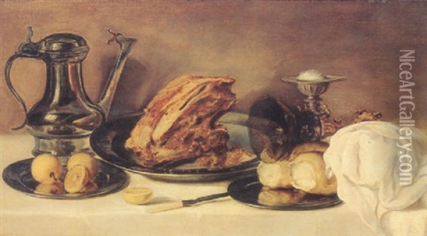Still Life With A Pewter Jug, A Ham On A Pewter Plate, Lemons, Bread, A Gilt Mounted Roemer And A Salt On A Table Oil Painting - Franchoys Elout
