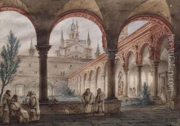 Interno Della Certosa Di Pavia Oil Painting - Luigi Bisi