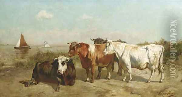 Cows on a waterside Oil Painting - Johannes-Hubertus-Leonardus de Haas