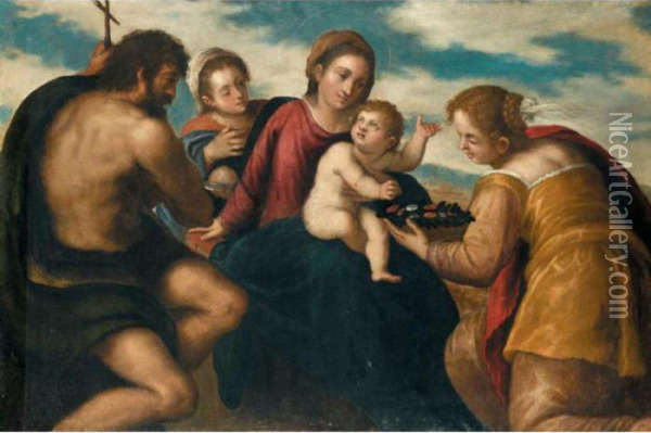 Madonna And Child With Saint 
John The Baptist Saint Agatha And Saint 
Catherine Oil Painting - Bonifacio Veronese (Pitati)
