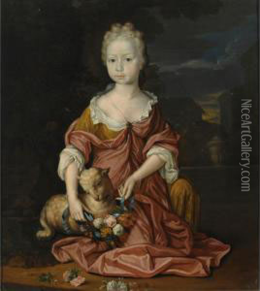 A Portrait Of A Young Girl, Seated Full-length, Wearing A Yellow And Red Satin Dress, Dressing Up A Sheep With A Flower Garland, In A Formal Garden Oil Painting - Mattheus Verheyden