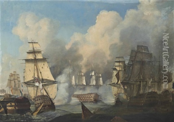 The Battle Of Trafalgar, And The Victory Of Lord Nelson Over The Combined French And Spanish Fleets, 21st October: Admiral Villeneuve's Flagship Bucentaure Surrendering To H.m.s. Conqueror Oil Painting - Philip James de Loutherbourg