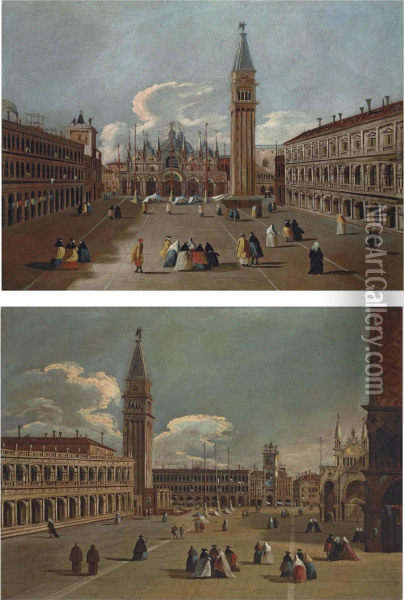 A View Of Saint Mark's Square, Venice, Looking East Towards The Basilica And The Campanile Oil Painting - Bernardo Canal