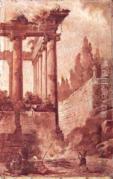 A Capriccio Of A Ruined Ionic Temple With Figures Before A Campfire Oil Painting - Venetian School