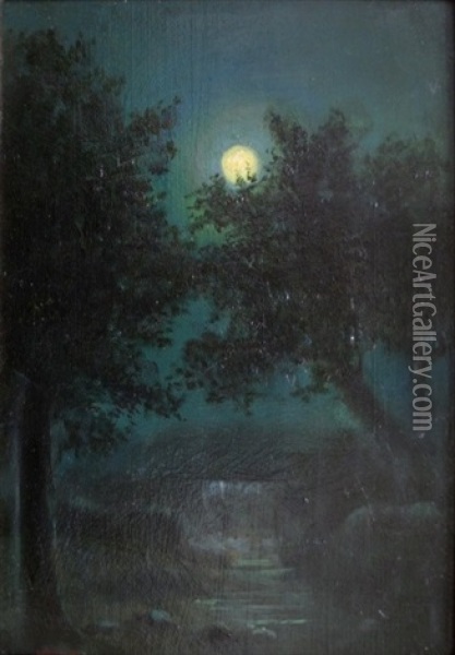 Moonlight Waterfall Oil Painting - Harry Willson