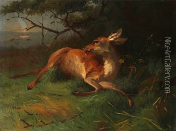A Shot Deer Oil Painting - Adolf Heinrich Mackeprang