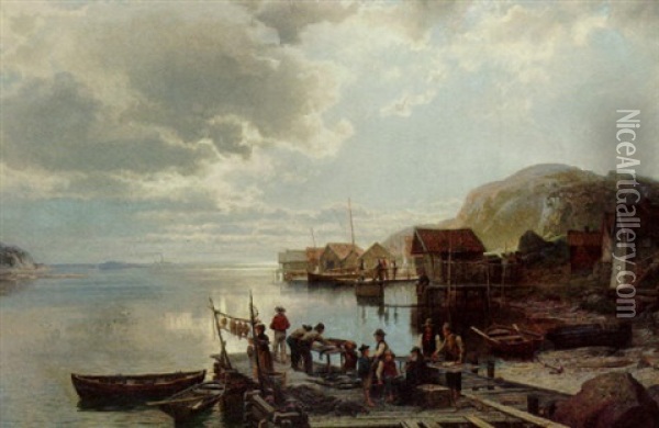 Fiskelage I Soldis Oil Painting - Edward (Johan-Edvard) Bergh