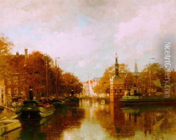 A View Of The Bierkade With The Accijnstoren, Alkmaar Oil Painting - Johannes Christiaan Karel Klinkenberg