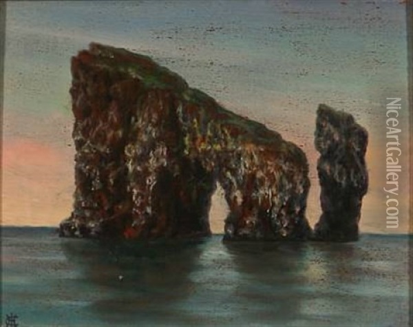 At Drangarnir And Tindholmur On The Faroe Islands Oil Painting - Christen Holm Isaksen