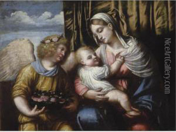 The Madonna And Child With An Angel Oil Painting - Alessandro Bonvicino (Moretto da Brescia)