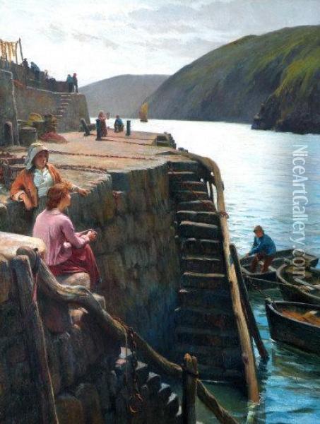 Fish Wives On A Quayside Awaiting The Return Of The Fishing Fleet Oil Painting - Horace Henry Cauty
