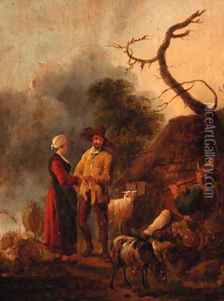A couple dancing to a piper outside a cottage Oil Painting - Jan Baptist Wolfert