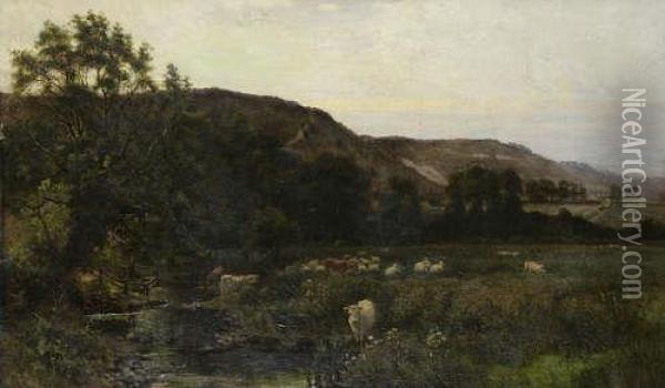 Cattle Grazing In Landscape Oil On Canvas, 75 X 125cm Signed And Dated 1887 Oil Painting - Charles Gibbs