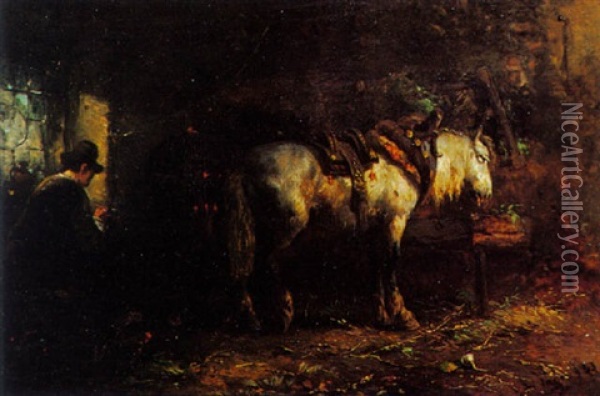 A Stable Interior With Two Horses Oil Painting - Hendrikus Alexander Van Ingen