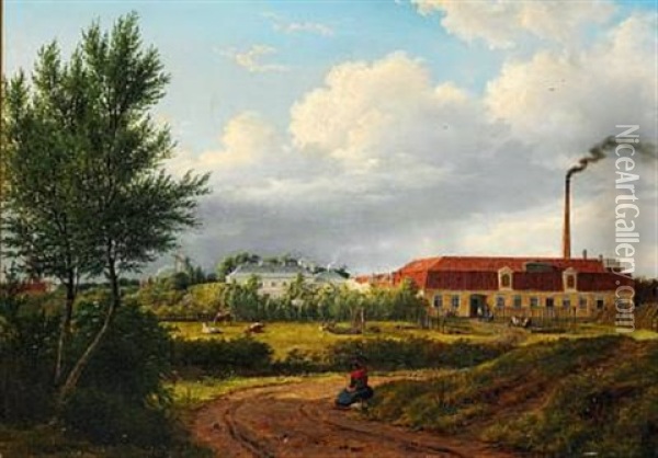 View Of Amager With Councillor L. P. Holmblad's Oil Mill And Candle Factory, In The Middle Mr. Holmblad's State Mansion, Former The Headquarters Of Amagerbanken, Now Banknordik Oil Painting - Frederik Christian Jacobsen Kiaerskou