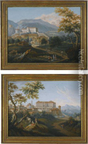 A Pair Of Landscapes Depicting Sabaudi Castles Oil Painting - Angelo Antonio Cignaroli