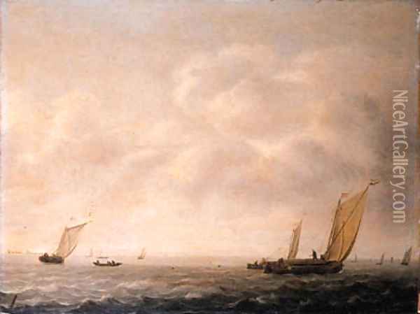 Wijdships offshore running in a stiff breeze, on a cloudy day Oil Painting - Simon De Vlieger