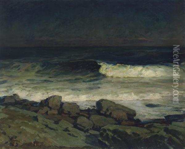 A Winter Coast, Moonlight Oil Painting - Joseph B. Davol