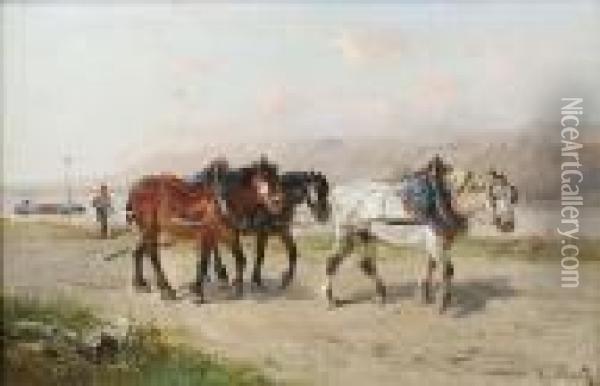 Cart Horses On A Coastal Road Oil Painting - Henry Schouten