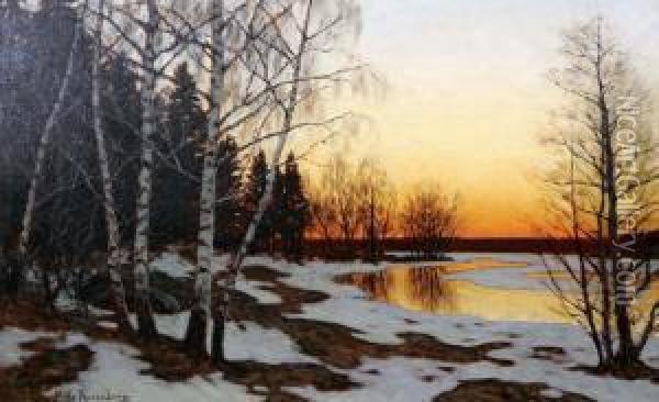 Skymning Over Insjolandskap Oil Painting - Edvard Rosenberg