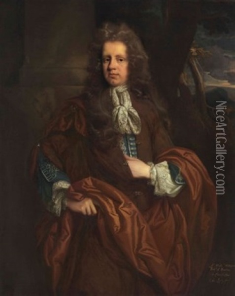 Portrait Of Sir William Monson, 4th Bt. (c. 1653-1727), Three-quarter-length, Before A Column, A Landscape Beyond Oil Painting - John Riley