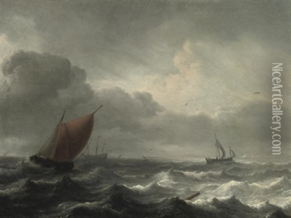 A Three-master In Choppy Waters, A Coast Beyond Oil Painting - Aernout (Johann Arnold) Smit