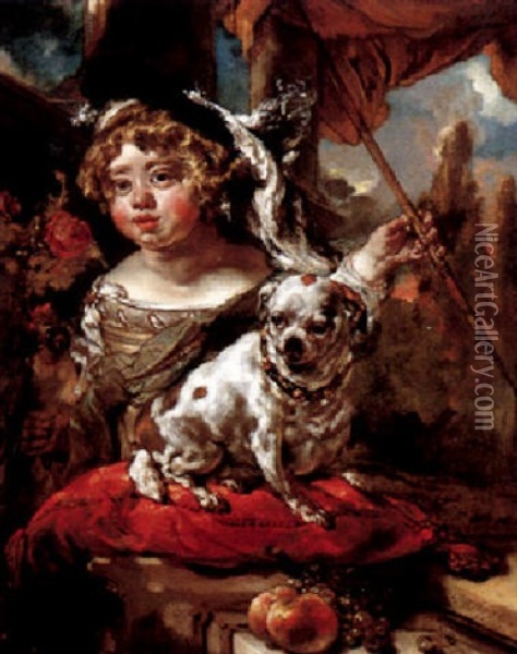 Portrait Of A Boy, Half Length, Wearing A Plumed Hat, Holding A Falcon And A Spear, His Dog Seated On A Pillow Before Him Oil Painting - Jan van Noordt