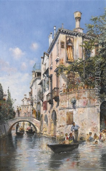 Gondolas On A Canal, Venice Oil Painting - Jose Gallegos Y Arnosa