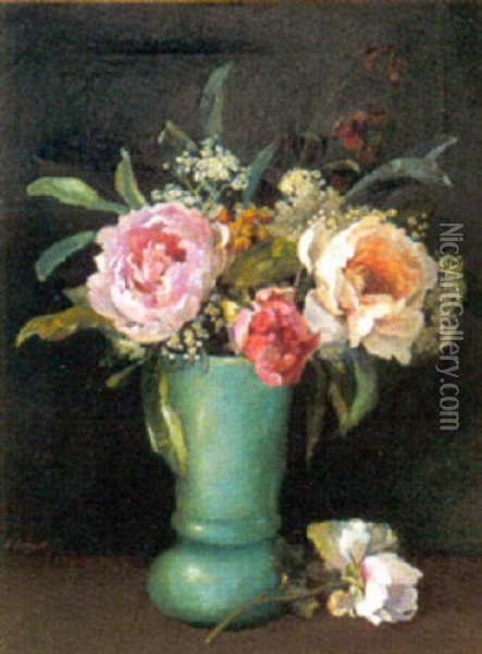 Bouquet Au Vase Turquoise Oil Painting - Jean Louis Georges