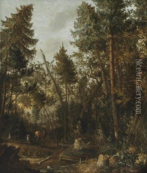 A Wooded Landscape With Deer Near A Pond Oil Painting - Pieter Bartholomeusz. Barbiers IV