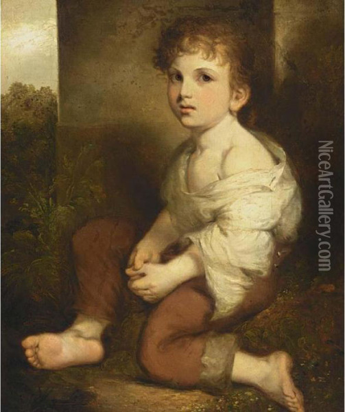R.a., A Portrait Of A Seated Young Boy, Wearing A Pair Of Red Trousers And A White Shirt Oil Painting - John Opie