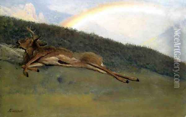 Rainbow Over A Fallen Stag Oil Painting - Albert Bierstadt
