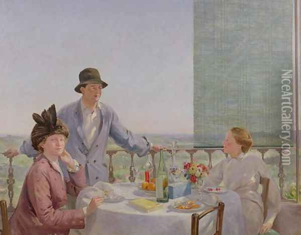 Portrait group with Albert Rutherston (1881-1953) (After Lunch) 1910 Oil Painting - Gerard Chowne