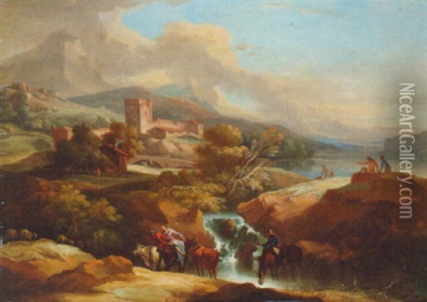 An Italianate Landscape With Drovers By A Pool, A Lake Beyond Oil Painting - Gaspard Dughet