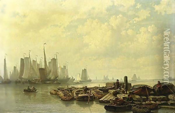 Fishing Boats At Anchor On The Ij Near Amsterdam Oil Painting - Johan Conrad Greive