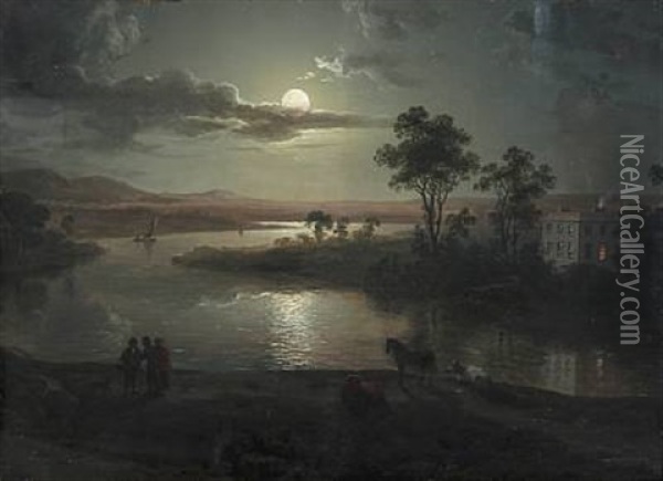 Evening Scene With Full Moon And Persons Oil Painting - Abraham Pether