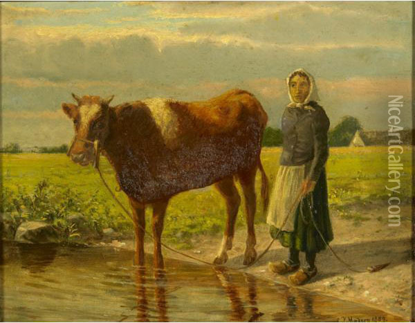 Landscape With Cow Herder Oil Painting - Andreas Peter Madsen