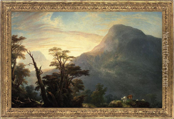 A Mountainous Landscape With Cattle Oil Painting - Jeremiah Hodges Mulcachy