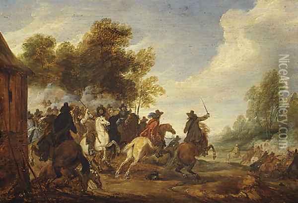 A Cavalry Engagement Oil Painting - Adam Frans van der Meulen