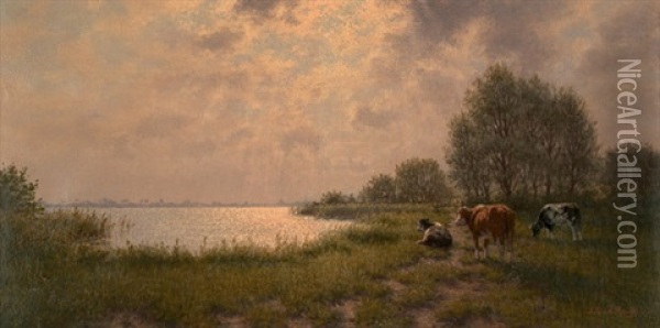 Abendstimmung Uber Einem See Mit Weidenden Kuhen Oil Painting - Jacobus Leonardus Van Der Meide