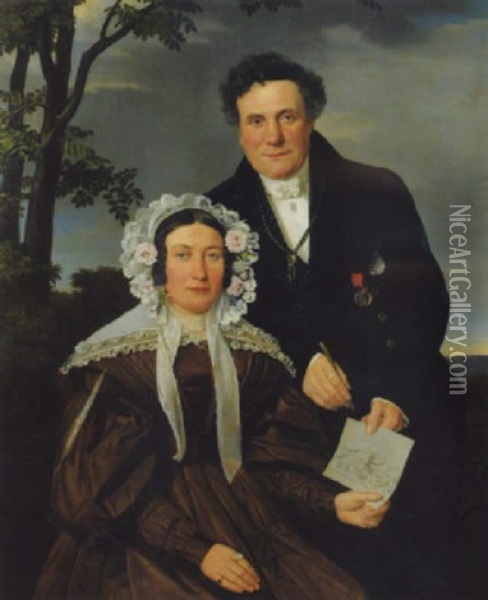 Portrait Einer Dame Und Eines Herrn In Landschaft Oil Painting - Eduard Friedrich Leybold