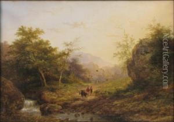 Cattle And Figures Near A Woodland Creek Oil Painting - Jan Evert Morel