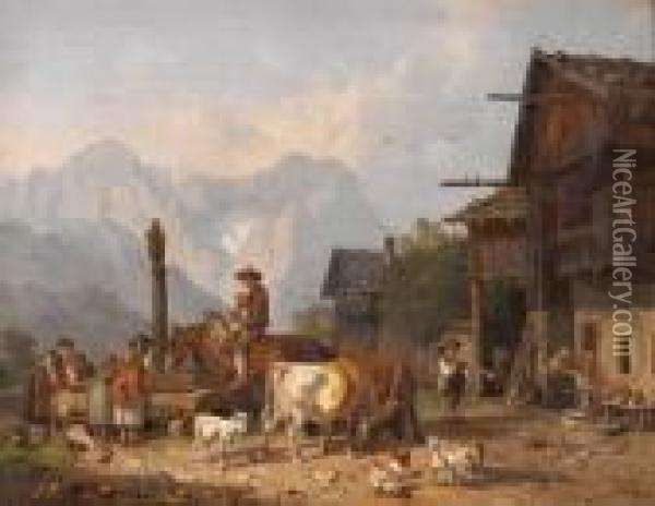 An Alpine Village Scene Oil Painting - Heinrich Burkel