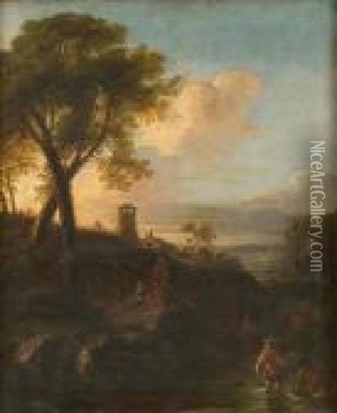 Paesaggio Fluviale Con Viandanti E Pescatori Oil Painting - Nicolaes Berchem