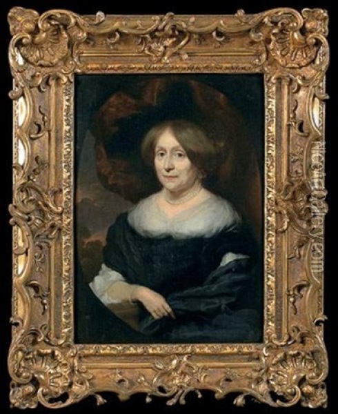 Portrait De Femme Agee Sur Fond De Drape Et De Parc Oil Painting - Nicolaes Maes