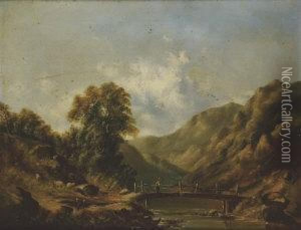Shepherd Fishing From A Bridge In A River Valley. Oil Painting - Walter Little