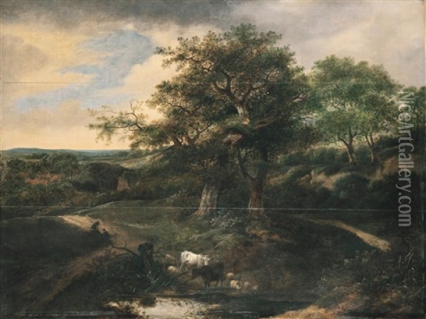 Bewaldete Landschaft Mit Einer Herde An Einem Fluss Oil Painting - Jacob Salomonsz van Ruysdael