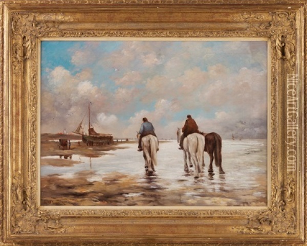 Fisherfolk On The Shore Oil Painting - Johannes Hermanus Barend Koekkoek